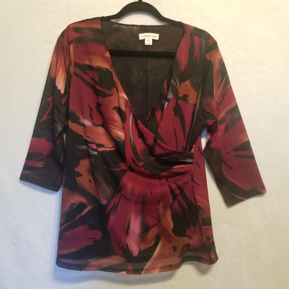 Coldwater Creek L Top Mesh Lined Red Floral Surplice V Neck Whimsigoth Witchy